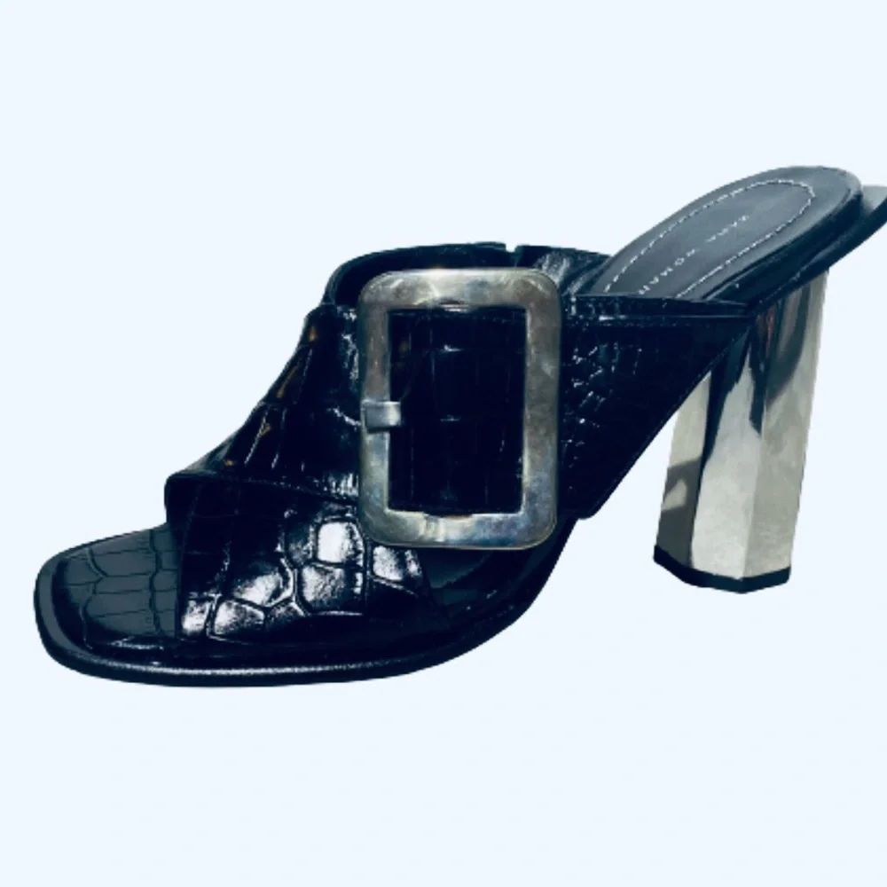Zara Embossed Crossover Leather Metallic Chrome Mules Sandals High Heels 7.5 - Picture 11 of 14